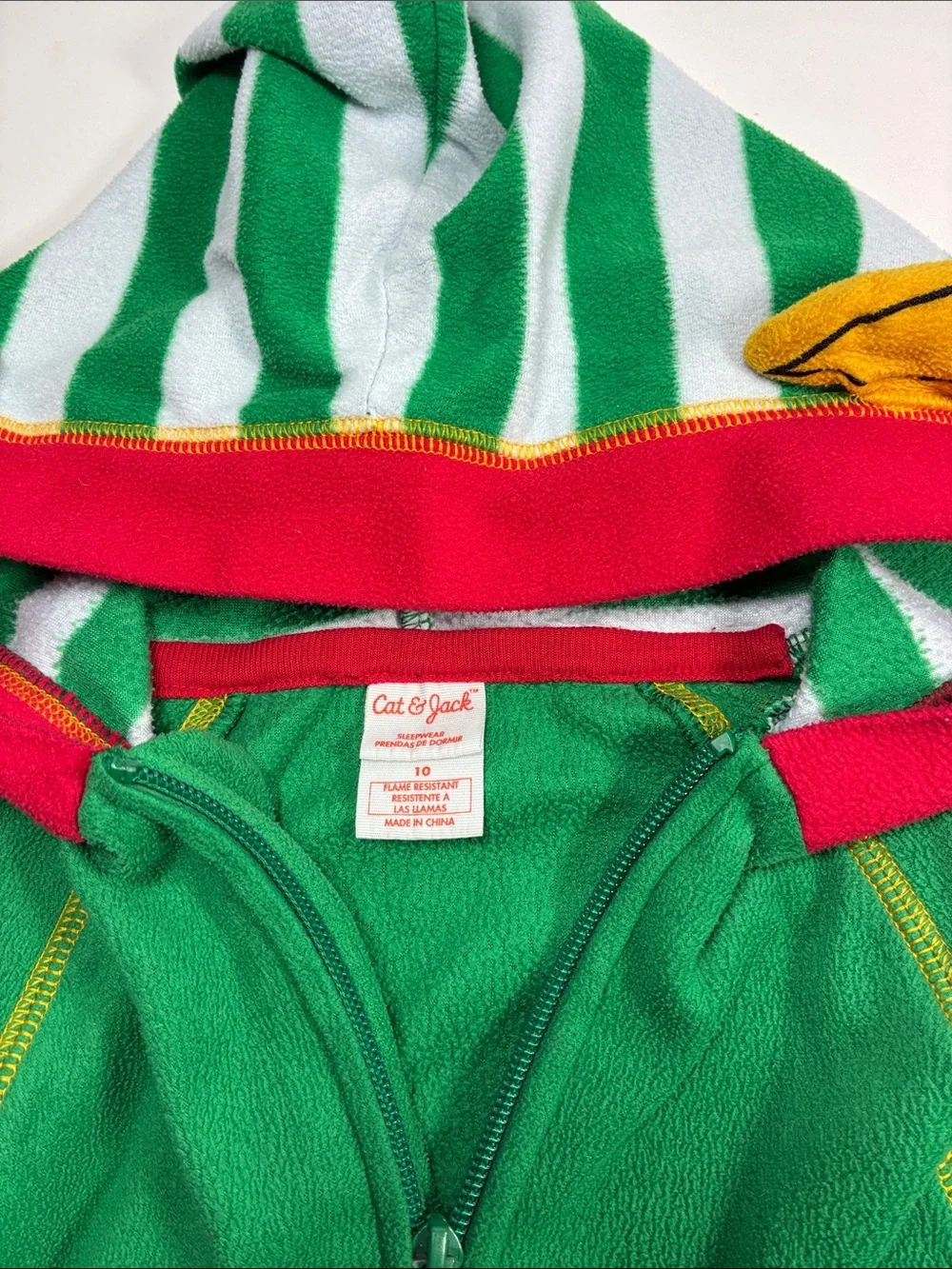 Cat & Jack Green and White Striped Elf One-Piece Pajama with Hood, size 10